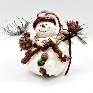 Jolly Snowman Ornament with Pine and Holly Accents